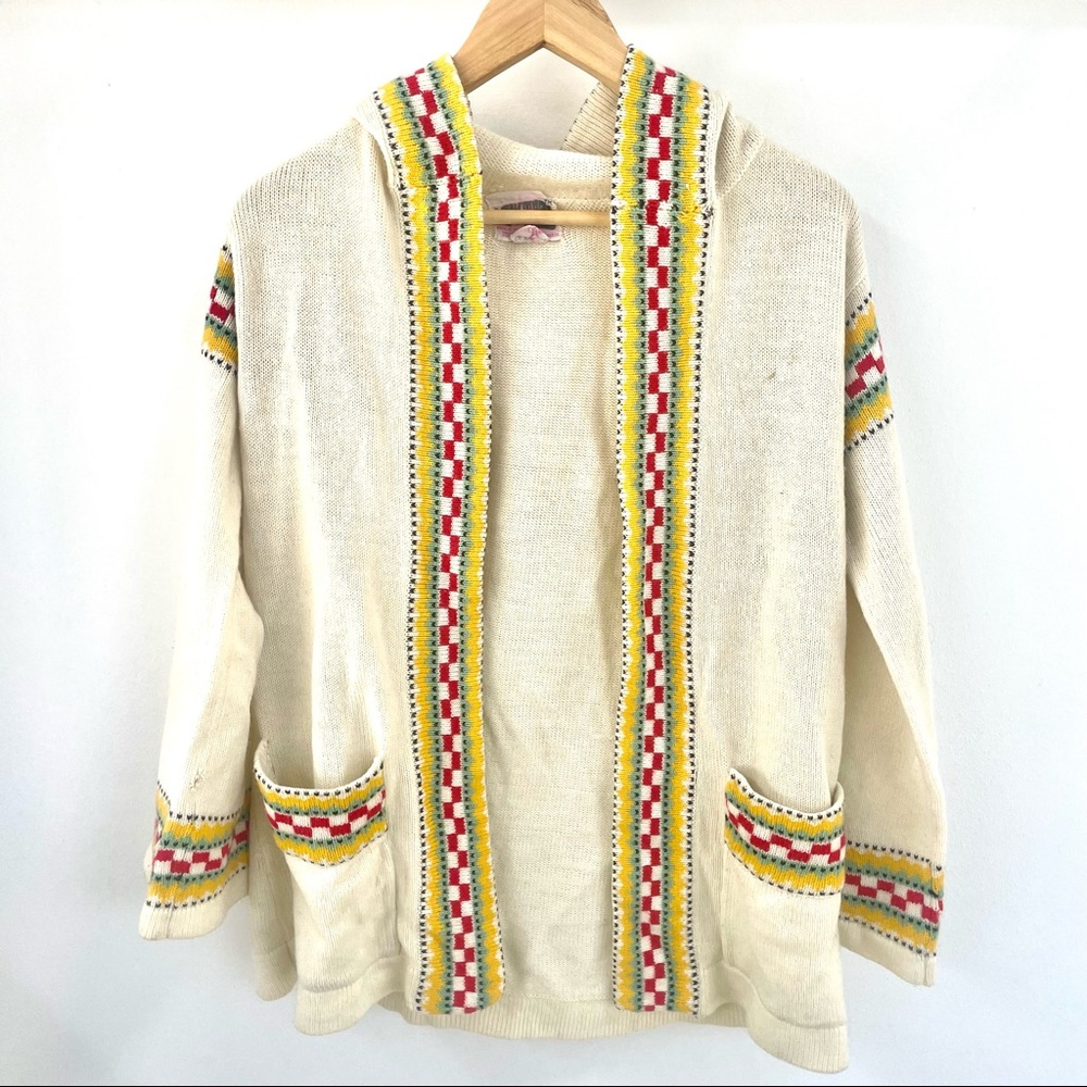 vintage 70s checkered hooded sweater cream red yellow
